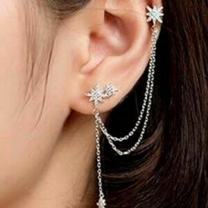 Sluynz 925 Sterling Silver Fashion Star Cuff Earring Chain